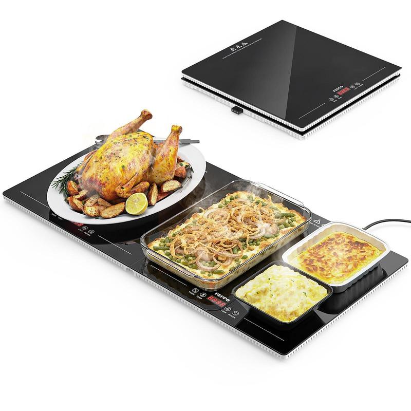 Electric Food Warming Tray, 10 Heat Levels, Timer Control & Tempered Glass