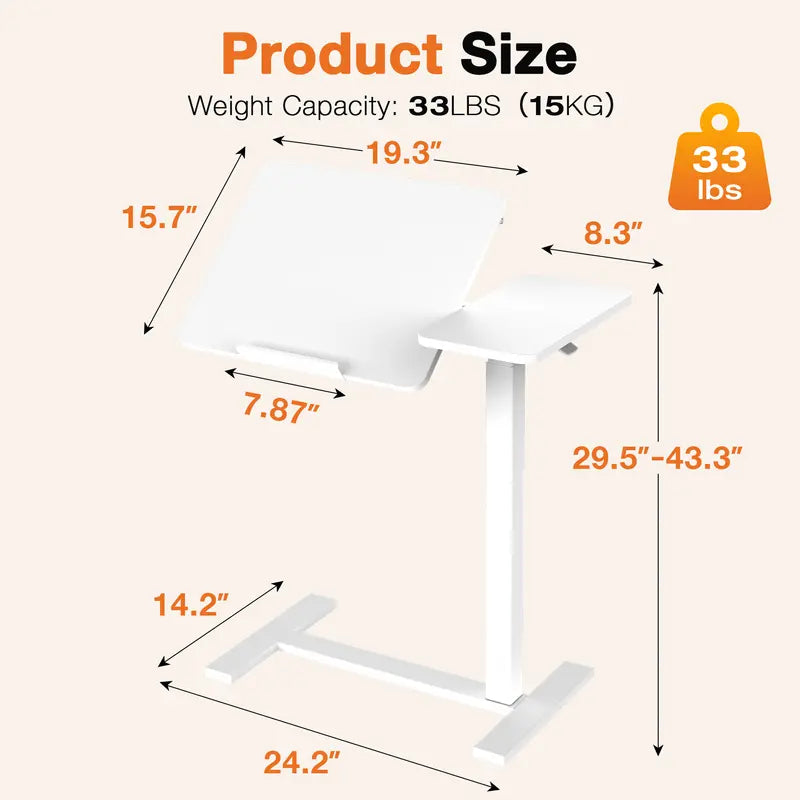 Adjustable Overbed Bedside Table with Wheels, Rolling Laptop Desk with Tilting Top