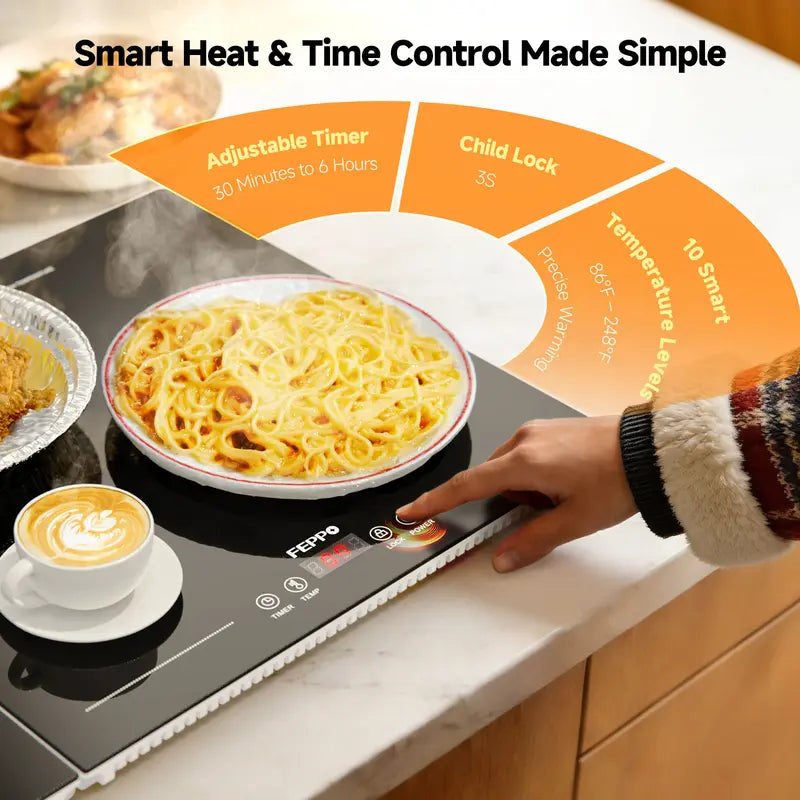 Electric Food Warming Tray, 10 Heat Levels, Timer Control & Tempered Glass